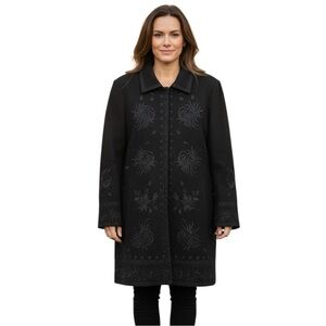 Nygard Collection Laine Wool Rayon Black Embroidered Dress Coat Size M